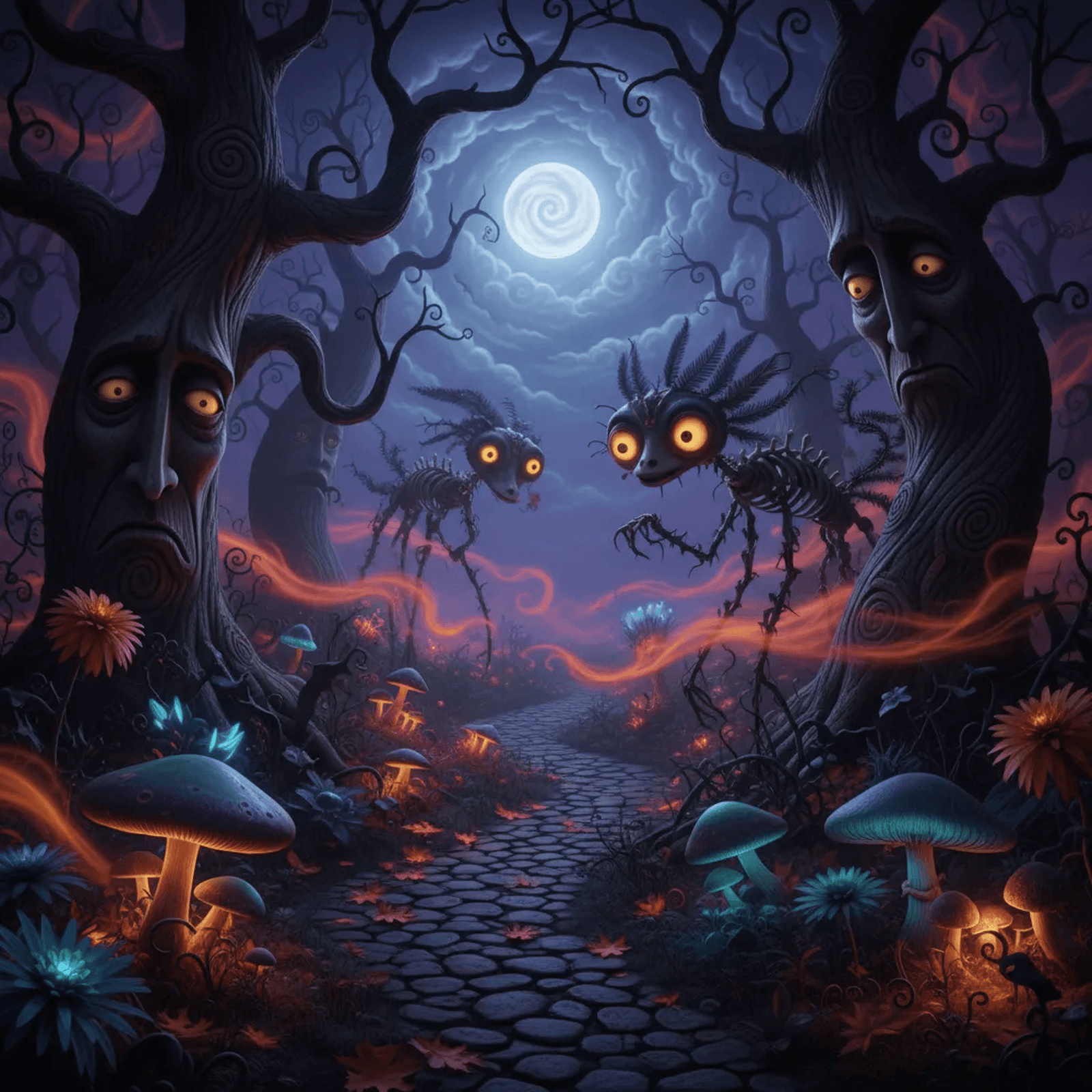 An enchanted forest at night