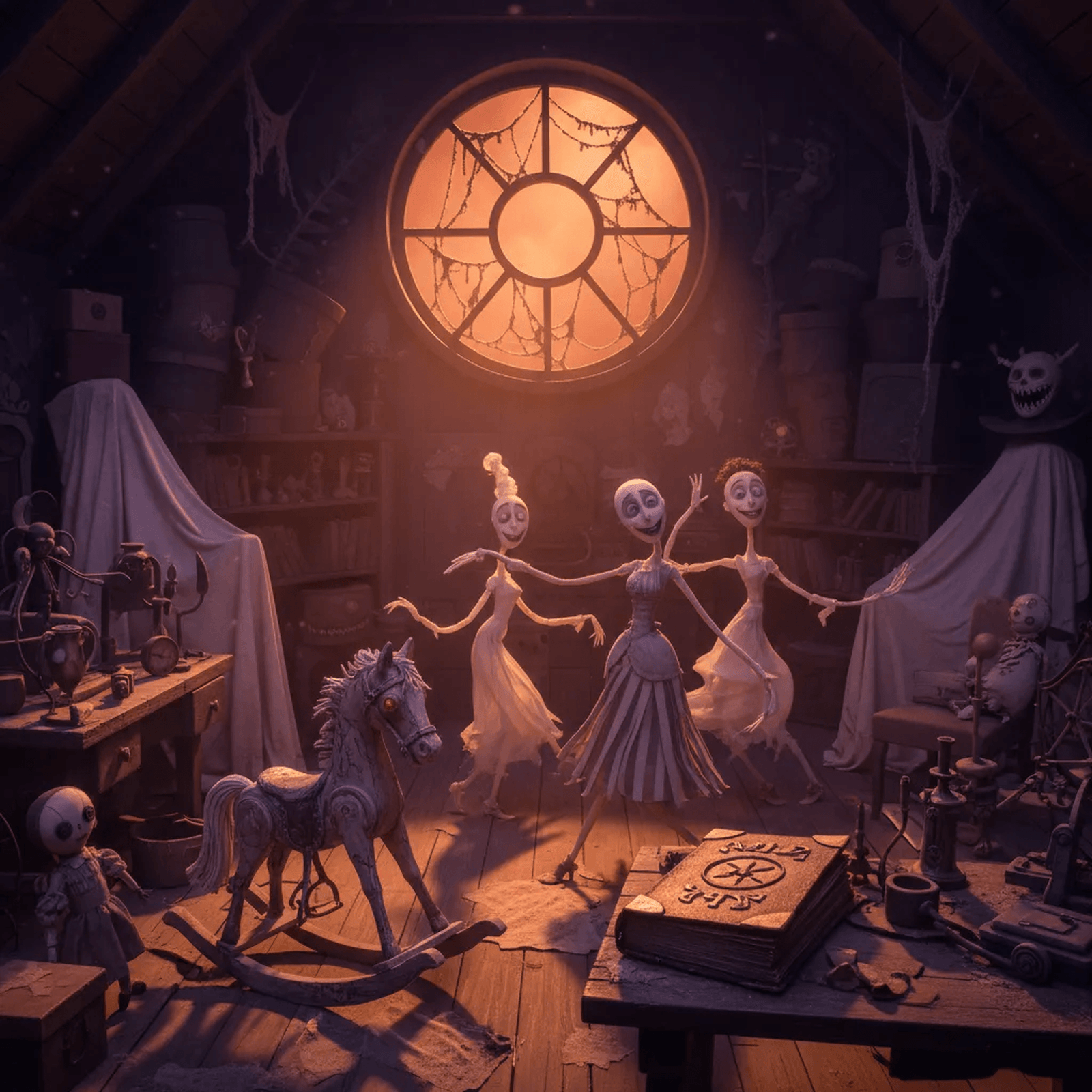 A haunted attic with magical objects