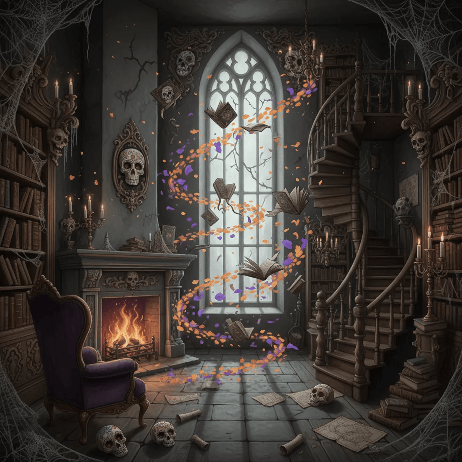 An ancient library in a haunted mansion