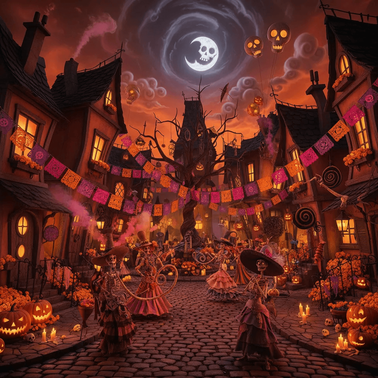 A whimsical Halloween town square